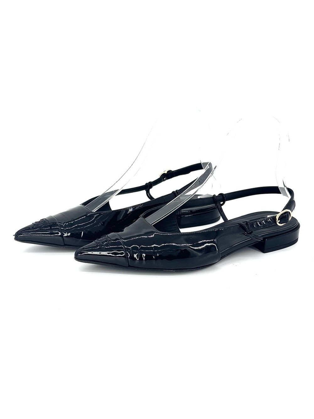 Chanel CC Logo Cap Toe Black Patent Leather Slingback Flats 37.5